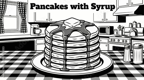 stacked American pancakes topped with butter and syrup, perfect for breakfast menus and café branding Black and white vector illustration vintage retro style