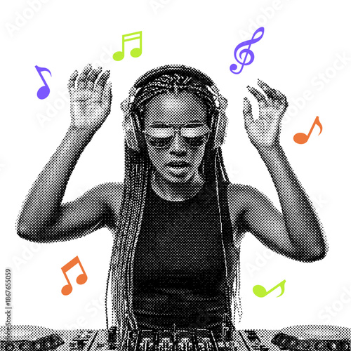 woman DJ with braided hair with colorful musical notes in retro halftone style illustration