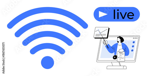 Live streaming concept. Live streaming connected via wireless for virtual presentations and online communication. Live streaming supports technology, online learning, webinars, and virtual meetings