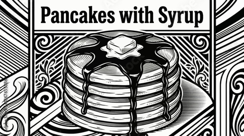 stacked American pancakes topped with butter and syrup, perfect for breakfast menus and café branding Black and white vector illustration vintage retro style