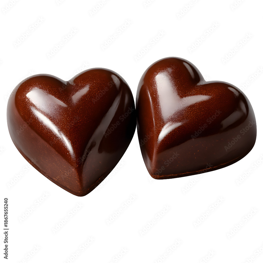 Obraz premium Two heart-shaped chocolates, a sweet symbol of love and affection. The glossy surface of the chocolate reflects light, adding to their enticing appeal isolated on a transparent background
