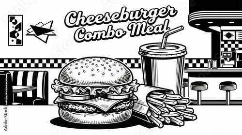 Monochrome vector illustration of a cheeseburger combo including fries and soda cup, representing iconic American fast food culture