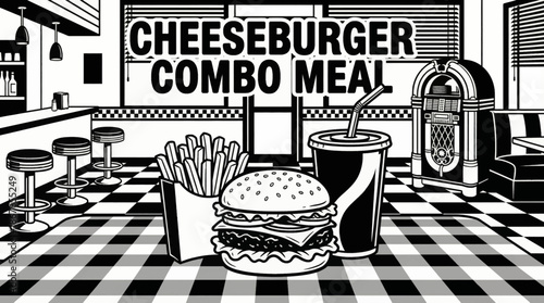Monochrome vector illustration of a cheeseburger combo including fries and soda cup, representing iconic American fast food culture