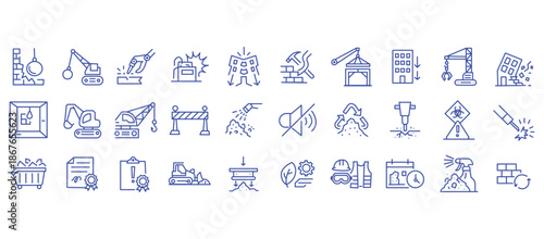 Demolition and construction icon set featuring building teardown, heavy machinery and site safety gear. Includes environmental compliance and permit documentation in detailed line vector illustration.