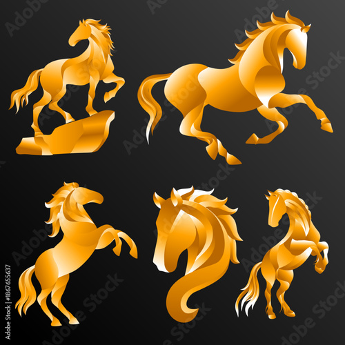 Golden horse illustrations in dynamic poses with smooth gradients on a dark background, symbolizing power, elegance, prosperity, and luxury design