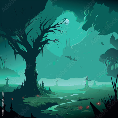 A mysterious moonlit forest with glowing teal fog, twisted barren trees, and a quiet swamp reflecting soft light, atmospheric fantasy illustration