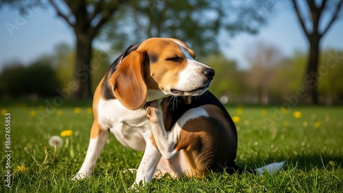 Two Beagles Playing in Green Grass.