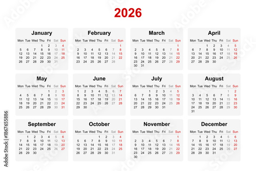 Vector illustration of English calendar for year 2026. Monday as first day of week