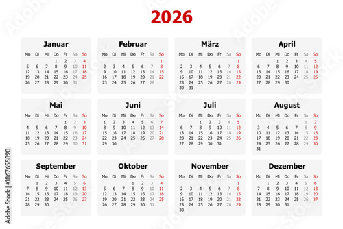 Vector illustration of modern German calendar for year 2026