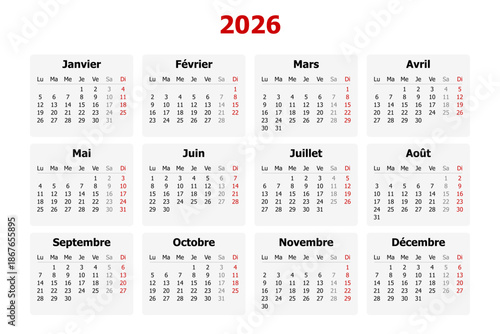 Vector illustration of modern French calendar for year 2026