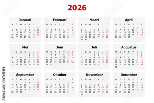 Vector illustration of modern Dutch calendar for year 2026 in Netherlands