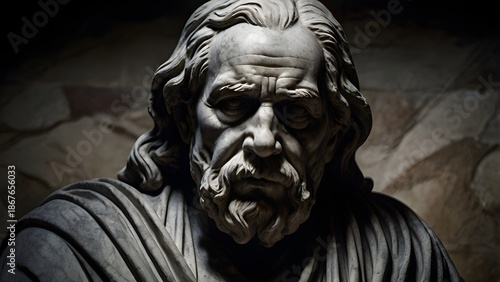 Ultra detailed stone bust of a medieval king, realistic marble veins, dramatic rim light, black and white​