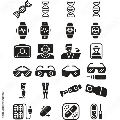 Advanced Medical Technology and Bio-Hacking Solid Glyph Icon Set.