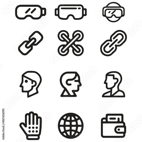 Set of Metaverse Experience Icons: Smart Glove, Global Network, and VR Glasses.