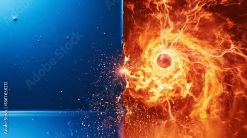 Abstract motion graphic showing a vertical split between a deep, cool, static blue liquid texture and a bright, warm, dynamically swirling orange energy field swirling, chaotic, dynamically