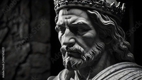 Ultra detailed stone bust of a medieval king, realistic marble veins, dramatic rim light, black and white​