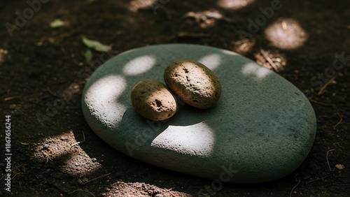 Two small stones on a green rock.