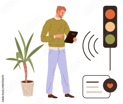Technology, communication, smart devices, traffic systems, urban planning, workplace concepts. A man viewing a tablet near a traffic signal and plant. Technology and communication concept