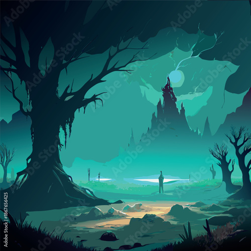 A mysterious moonlit forest with glowing teal fog, twisted barren trees, and a quiet swamp reflecting soft light, atmospheric fantasy illustration