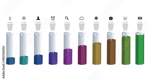 Vertical bar chart infographic with 10 colored blocks showing step-by-step growth and data comparison.