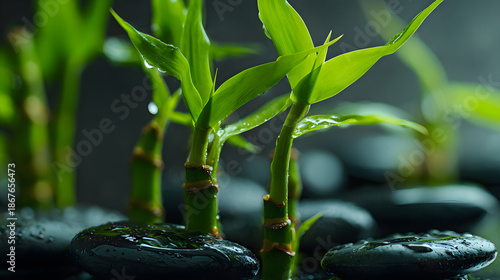 Wet lucky bamboo shoots growing on zen stones