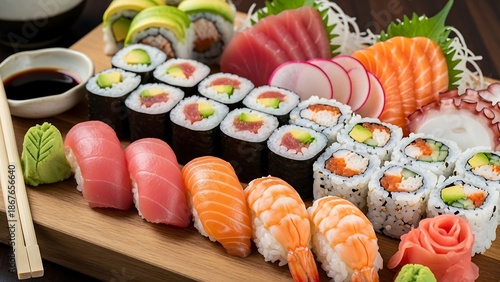 Variety sushi and sashimi platter.
