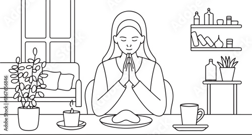 Woman Praying Meditation Line Art Illustration