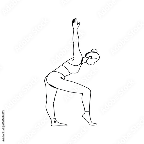 Woman in yoga pose with one arm raised and bent knees exercise fitness female d