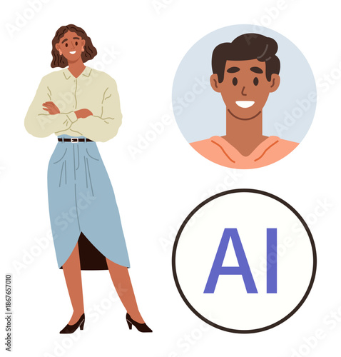 Artificial intelligence, gender diversity, identity, AI-assisted technology, innovation, multiculturalism. Confident woman standing, man portrait in circle AI text. Artificial intelligence