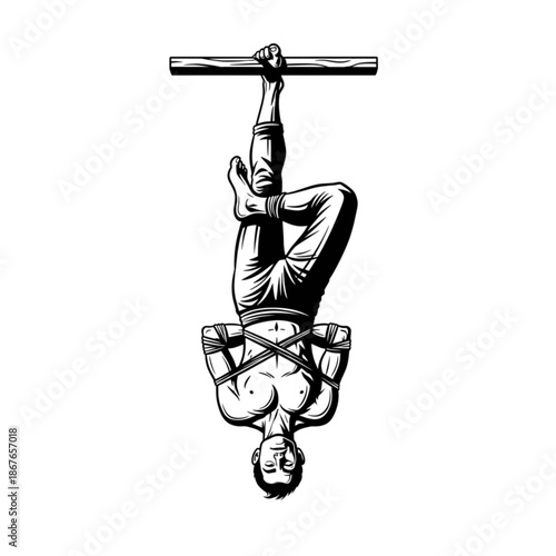 The Hanged Man Tarot Card Illustration: Esoteric Symbol, Arcano, Spirituality, Monochrome Vintage Engraving