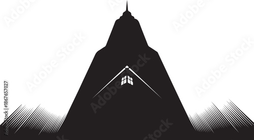 Mountain Silhouette with Small House or Temple Minimal Design