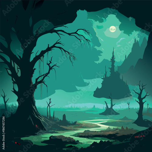 A mysterious moonlit forest with glowing teal fog, twisted barren trees, and a quiet swamp reflecting soft light, atmospheric fantasy illustration