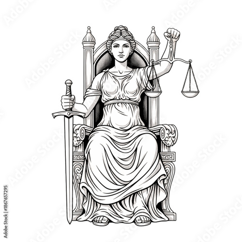 Justice Tarot Card: Major Arcana Illustration, Vintage Symbolism, Line Art