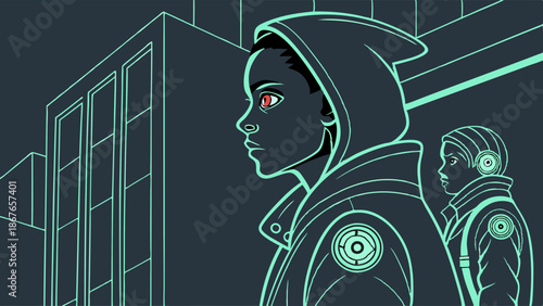 Cyberpunk Youth Focused with Glowing Eyes in Futuristic Cityscape for Sci-Fi Tech Web Design or Gaming Promotion