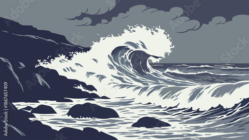 Powerful Ocean Wave Crashing on Rocky Shoreline Dramatic Seascape for Website Banners Travel Brochures or Weather Visuals