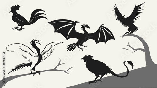 Mythical Creatures and Exotic Birds Silhouettes for Fantasy Game Design and Folklore Illustration Projects
