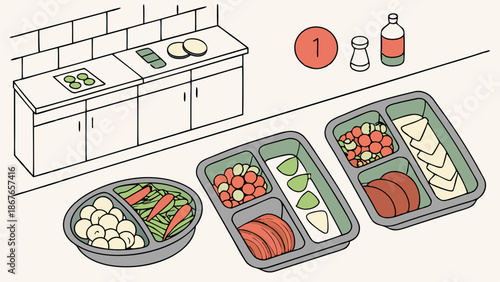 Meal Preparation Assembly Line Showing Portion Control Trays for Healthy Food Service Delivery or Institutional Catering