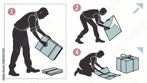 Man Wrapping Gift Box Step-by-Step Instructions for Shipping or Present Preparation for Holiday Sales and E-commerce Logistics