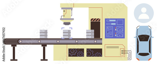 Industry 4.0, automation, manufacturing, production efficiency, robotics, quality control. Robotic assembly line with robotic arm inspecting products. Automation and manufacturing concepts