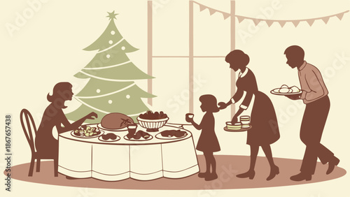 Vintage Style Family Serving Christmas Holiday Dinner Gathering Festive Meal Preparation Home Celebration