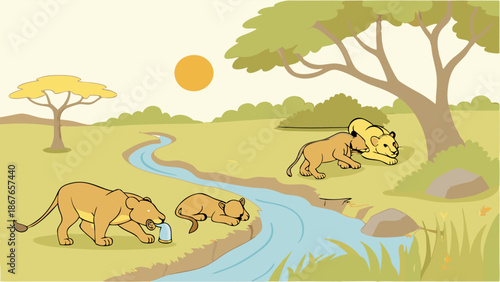 Lioness and Cubs Drinking Water by River in African Savannah Landscape for Wildlife Education and Nature Ecology Design