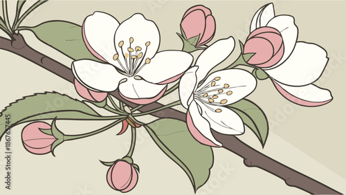 Delicate Apple Blossoms Branch with Pink Buds Perfect for Spring Greeting Cards Website Banners Seasonal Design Projects