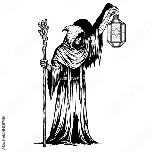 Mystic Figure with Lantern and Staff: Esoteric Symbolism, Occult Illustration, Magic, Wizard, Arcane, Witchcraft, Black and White, Spiritual, Mystery, Seeker, Hooded Figure