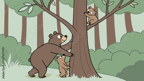 Cute Cartoon Bear Family Climbing Tree in Forest for Children's Book Illustration or Nature Education Website Banner