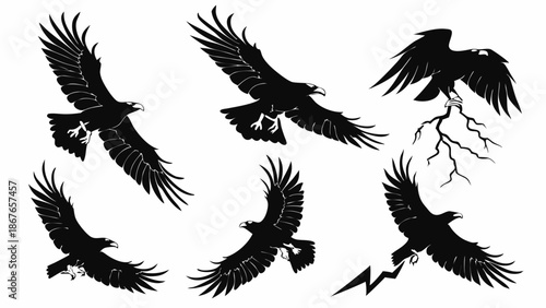 Six Black Eagle Silhouettes Flying Aggressively with Lightning Strikes for Sports Logos Tattoos or Power Graphics