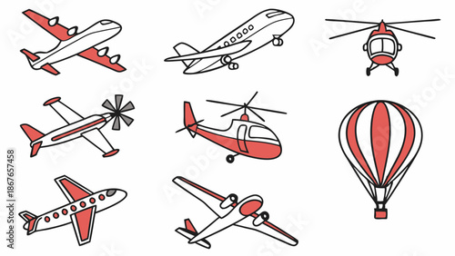 Diverse Aircraft Collection Airplane Helicopter Hot Air Balloon Travel Transportation Icons for Web Design and Logistics Projects