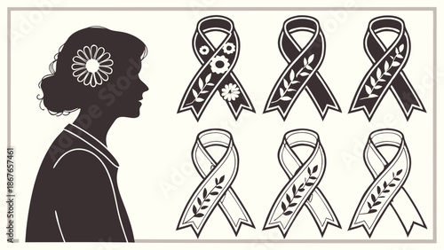 Awareness Ribbon Set Silhouette Woman Flower Design for Health Advocacy Campaigns and Support Group Materials