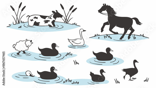 Farm Animals Bathing in Pond Water Countryside Scene for Children's Book Illustration or Educational Material Design