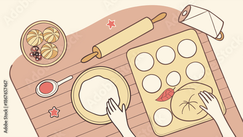 Hands Preparing Dumplings Dough on Wooden Table for Home Cooking Recipe Blog or Food Packaging Design