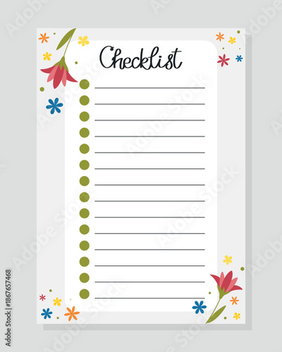 Checklist with spring flowers pattern. Template for print, planner, diary, shopping, organizer, to do list, notes. 
